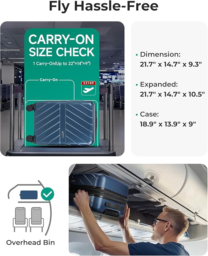 BAGSMART Carry on Luggage 22x14x9 Airline Approved with TSA Lock, 100% Polycarbonate Hardside Suitcase with Spinner Wheels, Royal Blue