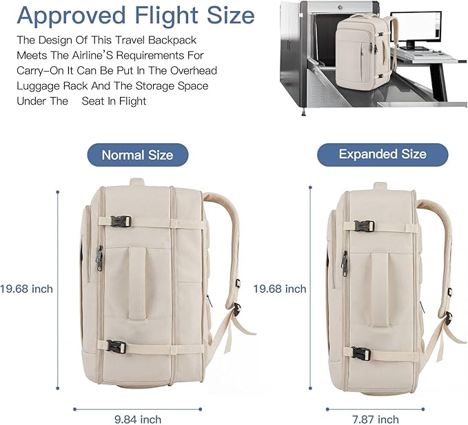 Gieury Travel Backpack, Extra Large 50L Expandable Backpack for Men Women, Carry On Backpack For Airplanes, Travel Essentials Luggage Suitcase Daypack Travel Gift Weekender Bag, Beige