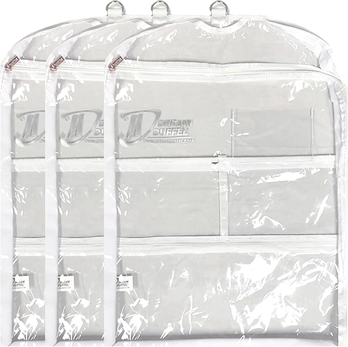 Clear Garment Bags for Dance Costumes 3-Pack, Short-Size, Side Zipper Entry, Storage Pockets for Shoes & Accessories, Size 24”x18”, Dream Duffel