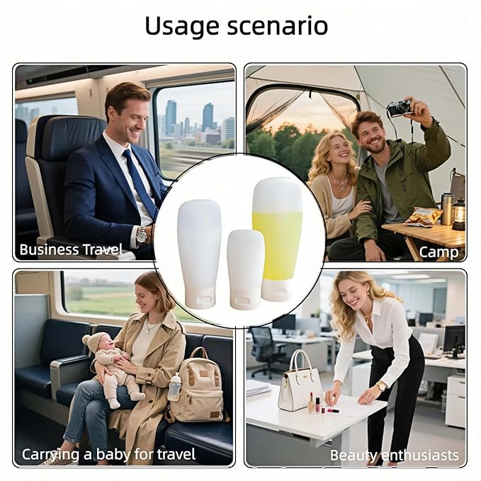 Chinshwehaw Portable Travel Bottles Set, Silicone Squeeze Containers, White, 3-Pack (30ml, 60ml, 100ml), Leakproof, Wide Mouth Design, BPA-Free, TSA Approved for Toiletries, Shampoo, Lotion (White)