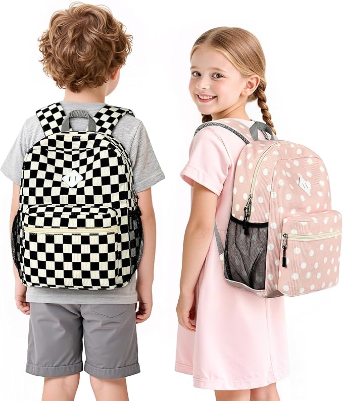 STEAMEDBUN Corduroy Kids Backpack for Girls Boys 3-8, Girls Backpack for Elementary Kindergarten - Polka Dot