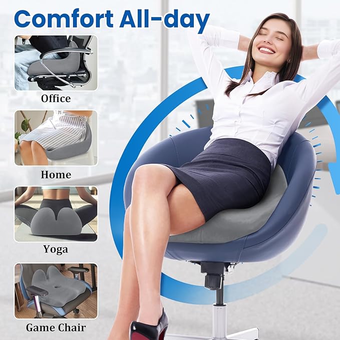 CushZone Seat Cushion, Memory Foam Office Chair Seat Cushion for Office Chairs/Car/Long Trip/Desk Chair/Gaming, X-Large Size for Sciatica & Hip & Tailbone Pain Relief, Sciatica Support (Light Gray)
