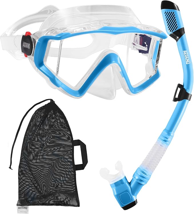 Aegend Snorkeling Gear for Adults Youth Kids, Snorkel Mask with Top Dry Valve - Panoramic View Anti-Leak and Anti-Fog with Mesh Bag for Snorkeling, Scuba Diving, Freediving & Swimming