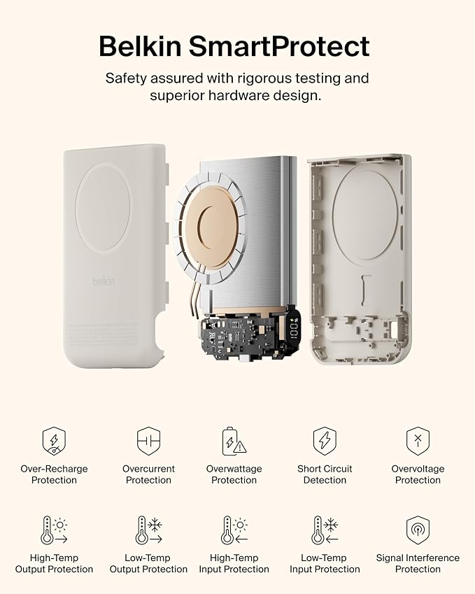 Belkin MagSafe Power Bank 10,000mAh, Qi2.2 25W Portable Charger w/Kickstand, Magnetic Back Supports MagSafe Accessories, Digital Display, Wireless Charging Battery Pack for iPhone 17, Pixel - Sand