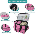 PetAmi Dog Travel Bag, Travel Pet Bag Organizer, Dog Food Travel Bag with Container Collapsible Bowls, Pet Travel Supplies Gift Accessories for Weekend Camping, Puppy Cat Diaper Bag, Pink Large