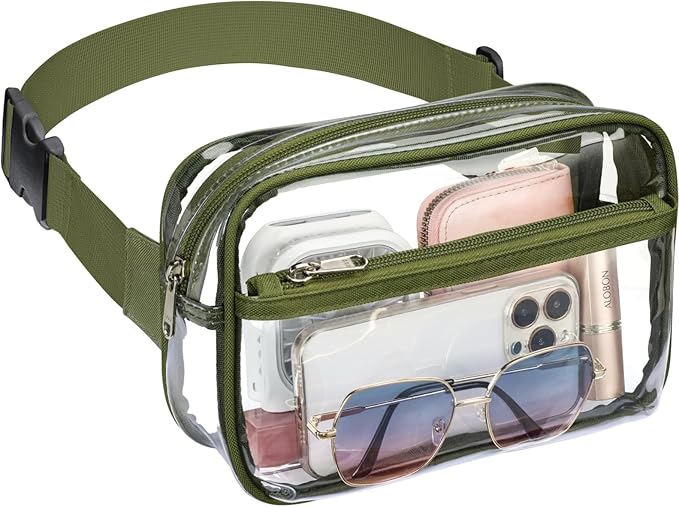 Veckle Clear Fanny Pack Stadium Approved - Plus Size 35-51 Inch Adjustable Strap Transparent Belt Bag for Women Men Fits 7.5" Smartphone, Crossbody Clear Bag for Stadium Events Sports Concerts, Green
