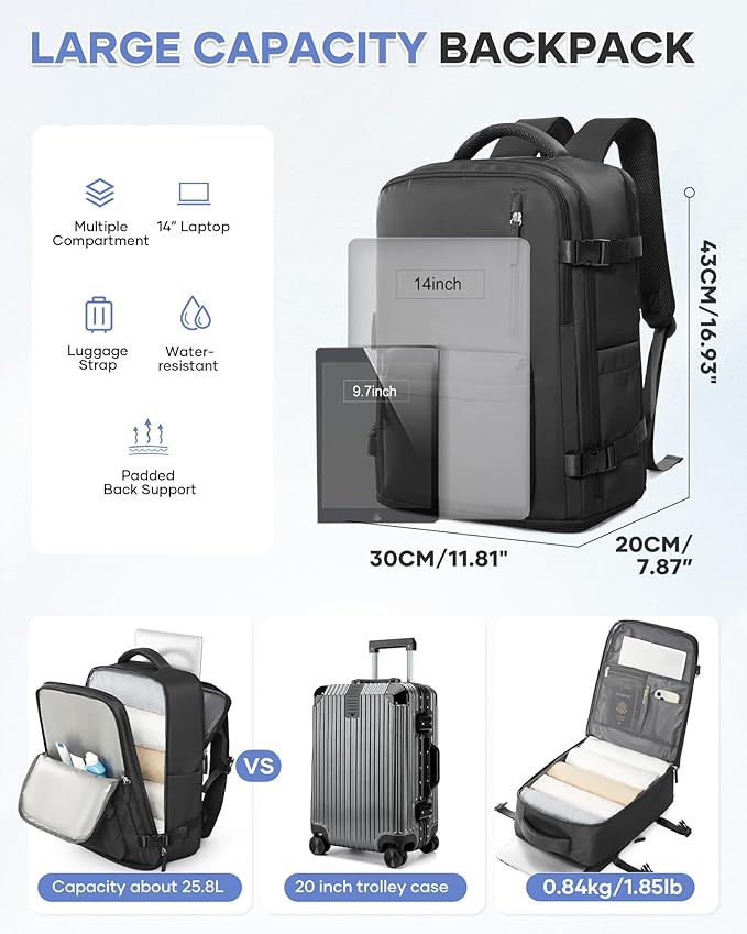 Large Carry on Travel Backpack Women Men,Hiking Gym Waterproof Outdoor Sports Rucksack Casual Daypack Laptop Backpack Personal item Travel Bag Airplane Essentials Spirit Airline Flight Approved,Black