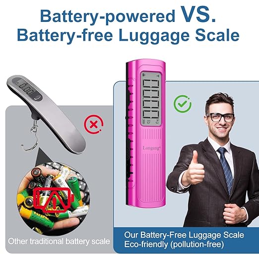 Battery-Free Digital Luggage Scale, 110lbs/50kg Portable Handheld Hanging Scale for Luggages, Suitcases, Backpacks & Bags, Easy Weighing for Travel, No Need Batteries (Pink)