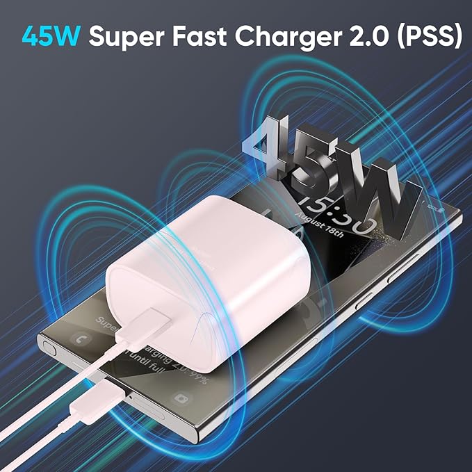 45W Super Fast Charger USB C Android Phone Type C Charger Fast Charging Block with 10FT Cord for Samsung Galaxy S26/S26 Ultra/S26+/S25 Ultra/S25/S24 Ultra/S24/S23 Ultra/S22/S21/S20/Note 10, Pink