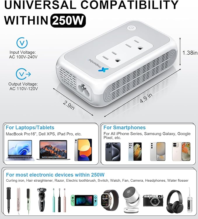 220V to 110V Voltage Converter US to Europe for Curling Iron and Hair Straighteners, Power Converter for European Travel Plug Adapter with 2 USB A & 2 USB C Ports (Grey White-Global)