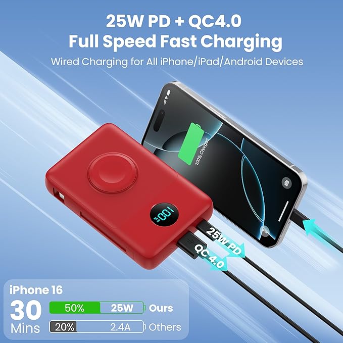 6 in 1 Magnetic Portable Charger for iPhone with Built-in Cables, 10800mAh 25W PD Fast Charging Power Bank, 6 Outputs Travel Essential Battery Pack for iPhone 17/16/15/14/13/12,Apple Watch (Red)