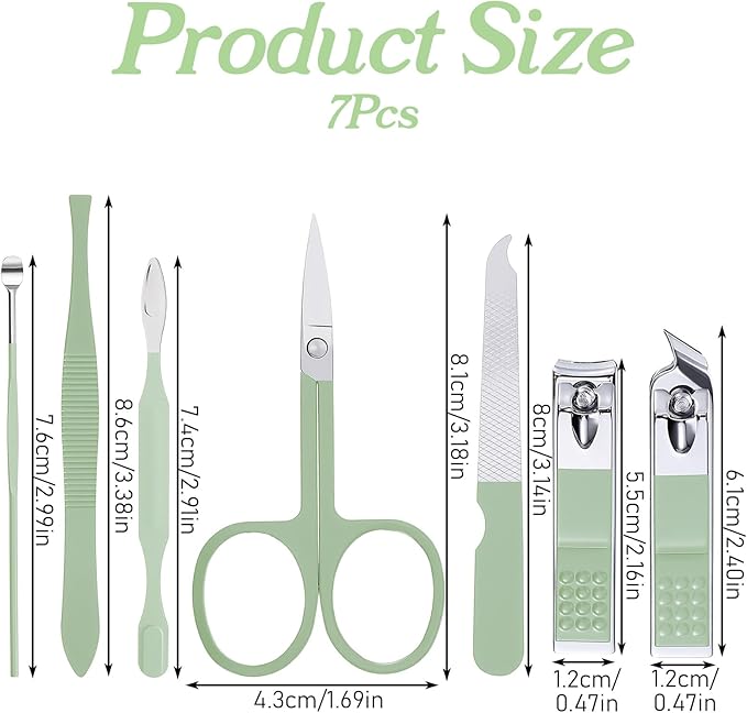 Manicure Set, 7 Pcs Professional Nail Clippers Scissors Pedicure Tools Kit, Carbon Steel Travel Nail Care Clippers with Green Leather Bag, 7 in 1 Portable Travel Grooming Kit for Women Men (Green)
