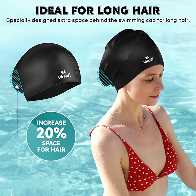 2 Pack Swim Cap for Women Men Adult, Silicone Swimming Caps for Short Long Hair, Waterproof Swim Hats Bathing Caps to Keep Hair Dry with Nose Clip and Earplugs