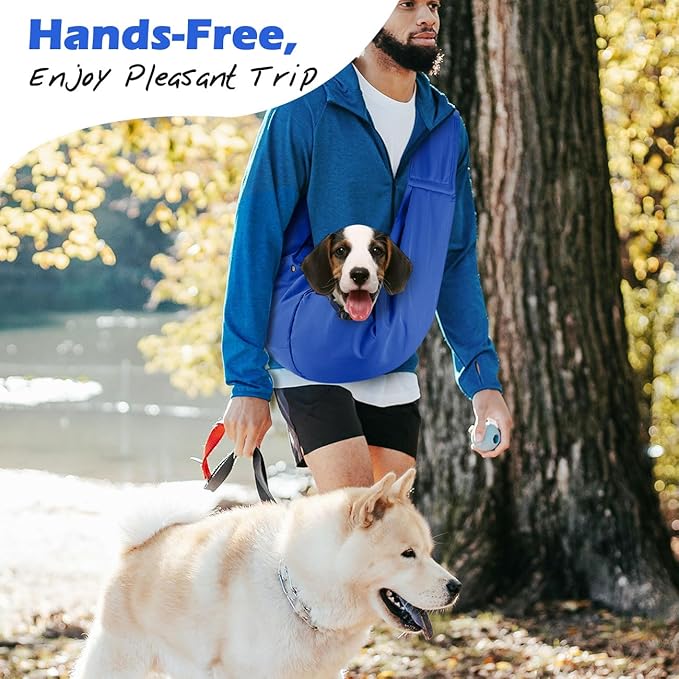 Pawaboo Small Dog Sling Carrier, Reversible Hands Free Dog Sling Carriers for Small Dogs and Cats, Puppy Slings Carrier with Safety Harness, Puppy Essentials, Sapphire Blue
