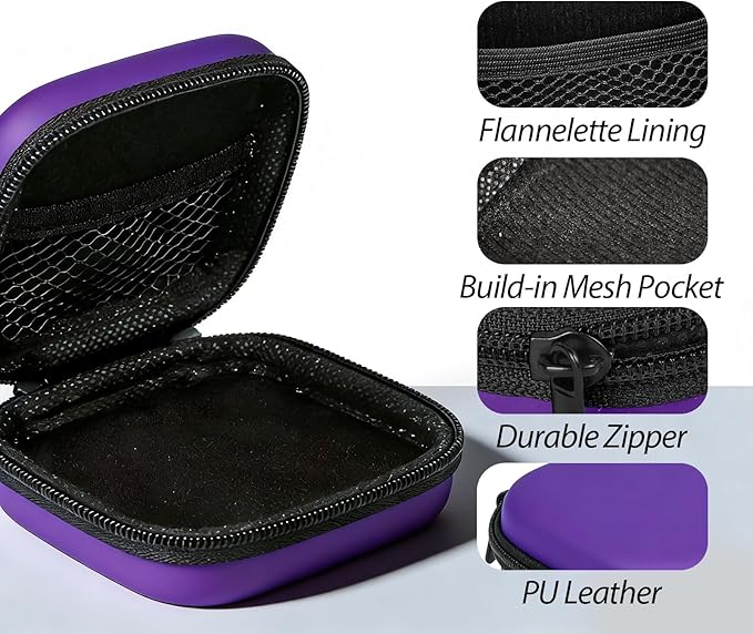 Square Earbud Case with Carabiner, Portable Small Carrying Pouch for Wired/Wireless Earphones, EVA Travel Organizer Box for Charging Cables, USB Flash Drives, SD Cards, Purple