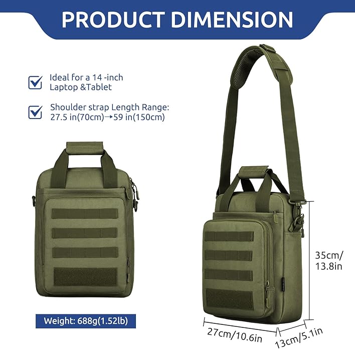 ZHIERNA Tactical Messenger Bag, Tactical Briefcase Laptop Bag Heavy Duty MOLLE Shoulder Pack Handbag for Men(Patch Included)