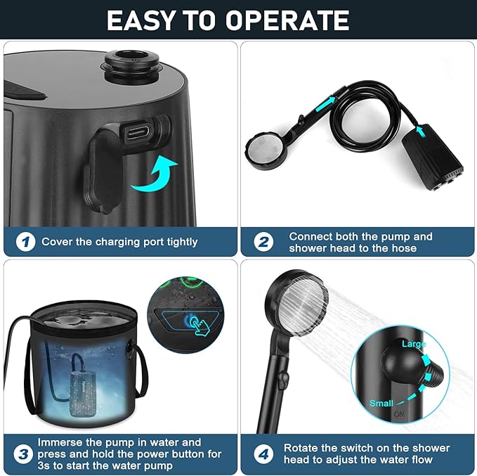 Portable Shower for Camping Essentials: 10000mAh Rechargeable Battery Powered Shower, IPX8 Waterproof Camp Shower Pump, 5-Speed Outdoor Shower with LED Display, Camping Gifts for Men, Dog Bath, Hiking
