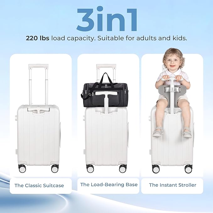 20" Ride-On Luggage with Child Seat, Hardside Carry-On Suitcase with 360 Silent Spinner Wheels, TSA Lock, & Dual Telescoping Handles for Kids & Adults & Busy Moms