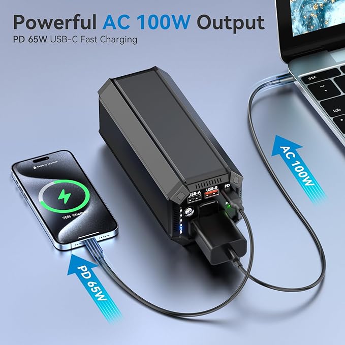 Portable Power Bank with AC Outlet, 100W Portable Laptop Charger, 98Wh/27000mAh High Capacity with 65W PD USB C Laptop Battery Bank, Backup Power Source for Business Travel and Outdoor Activities
