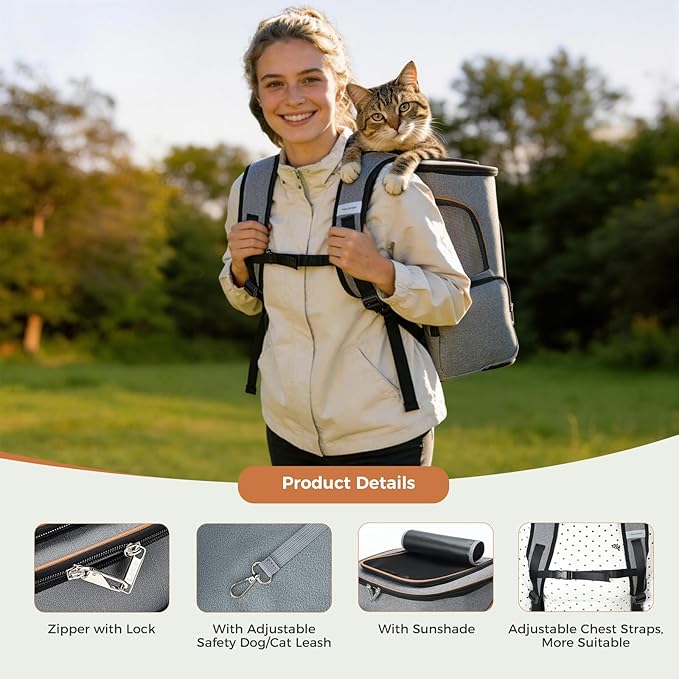 Lekereise Cat Backpack Expandable Pet Carrier Backpack for Small Cats and Dogs, Airline-Approved Foldable Dog Carrier Backpack with Inner Safety Leash, Grey