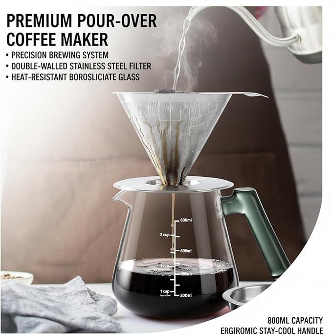 Aquach Pour Over Coffee Maker with Stainless Steel Filter & Borosilicate Glass Carafe - 28oz Drip Coffee Pot for Rich Flavor, Easy Cleanup & Dishwasher Safe Components, Ideal for Daily Use