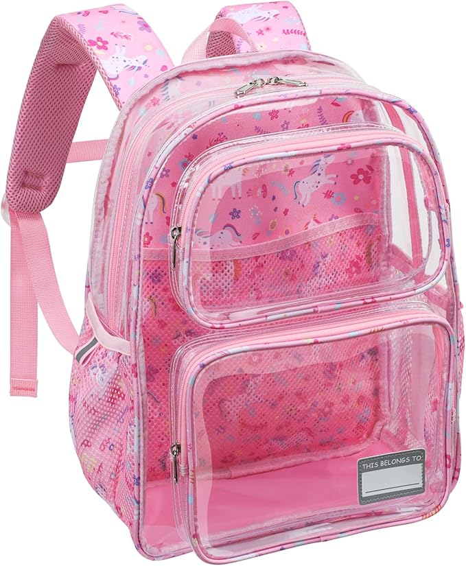 Bagseri Clear Backpack for Girls - 15 Inch Heavy Duty Kids Clear Bookbag for Kindergarten to Grade 2, Transparent School Bag with Reflective Strip, Fits Folders, Pink Unicorn