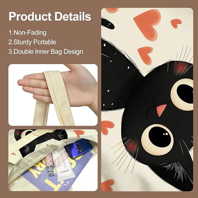 ANNA QUEEN Cat Tote Bag Shoulder Bag Handle Bag for Gym Yoga Picnic Beach Kitchen Reusable