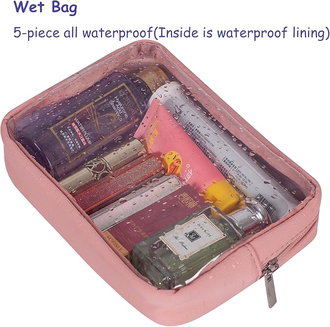 Remobia Hicol TSA Approved 5-Piece Diaper Bag Organizer Pouch Set Clear Waterproof TPU Kids Toiletry Storage Set Travel Packing Clutch Cube Bags for Baby Nursing (Pink Leather)
