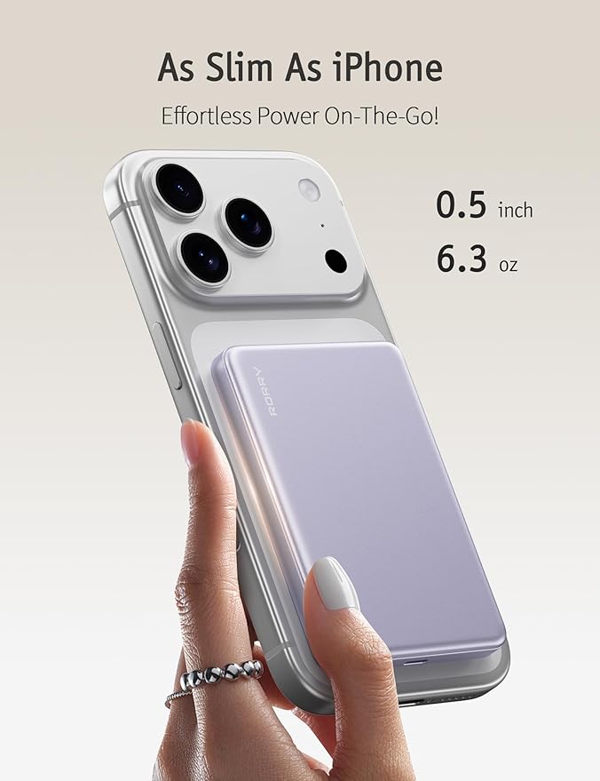 RORRY for Magsafe Portable Charger, 10000mAh Ultra Slim Magnetic Power Bank, 22.5W Fast Charging Wireless Portable Charger, USB C Battery Pack for iPhone 17/16/15/14/13/12 Plus Pro Max, Purple