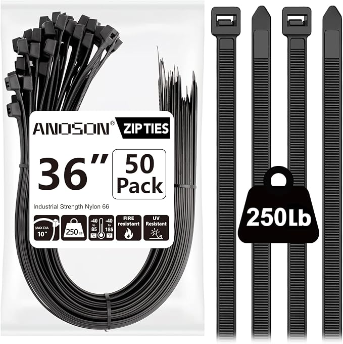 Large Zip Ties 36 inch (50 Pack), Long Zip Ties Heavy Duty with 250 lb Tensile Strength, Big Cable Ties, Black, by ANOSON