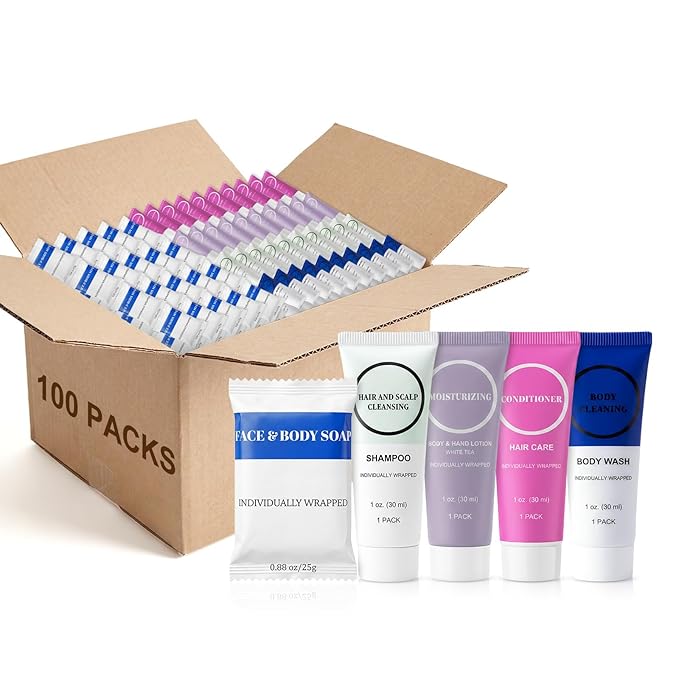 Toiletries Individually Wrapped Set Bulk, Travel Size 1 Fl oz Mini Body Wash Body Lotion Shampoo Conditioner 0.88 oz Bars Soap Toiletry Kit Guest Amenities for Hotel/Shelter/Homeless (Pack of 100)