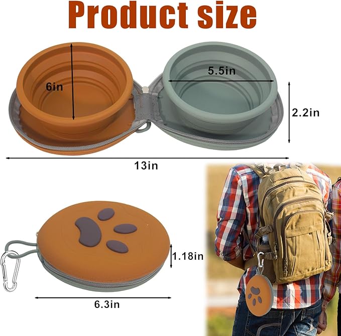 Collapsible Dog Bowls, 2-in-1 Silicone Pet Food and Water Bowl with Carabiner, Portable Double Compartment Dish for Travel, Camping, Hiking Puppy Essentials (Green Brown)