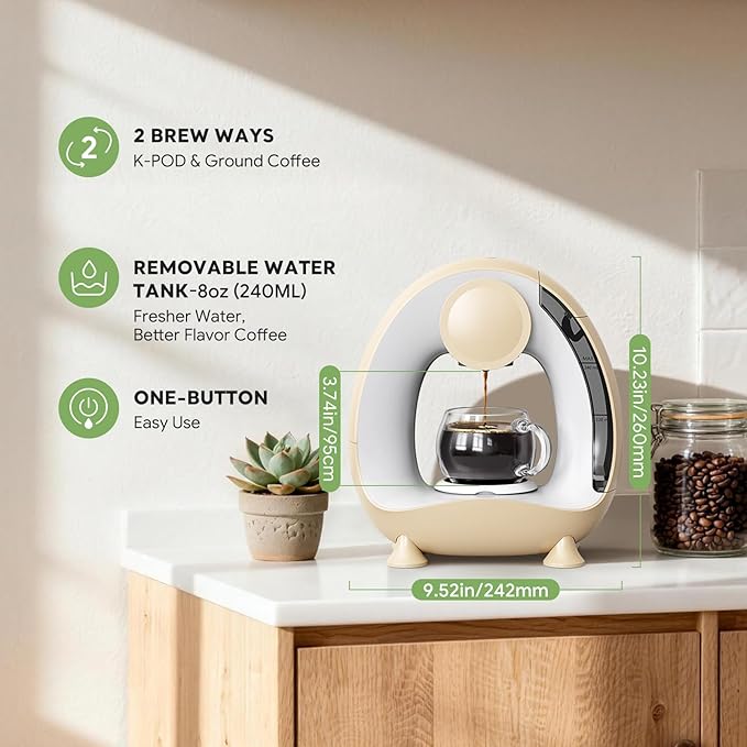 Pod and Grounds Single-Serve Coffee Maker, 2 in 1 One Cup Coffee Machine Compatible with K-Cup Pod & Coffee Grounds/Tea, Compact Design, 4-8oz, Champagne Color