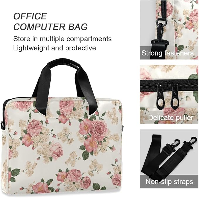 Beautiful Roses Vintage Floral Laptop Case, 15.6 inch Laptop Bag, Waterproof Laptop Sleeve, Protective Briefcase for Women Men
