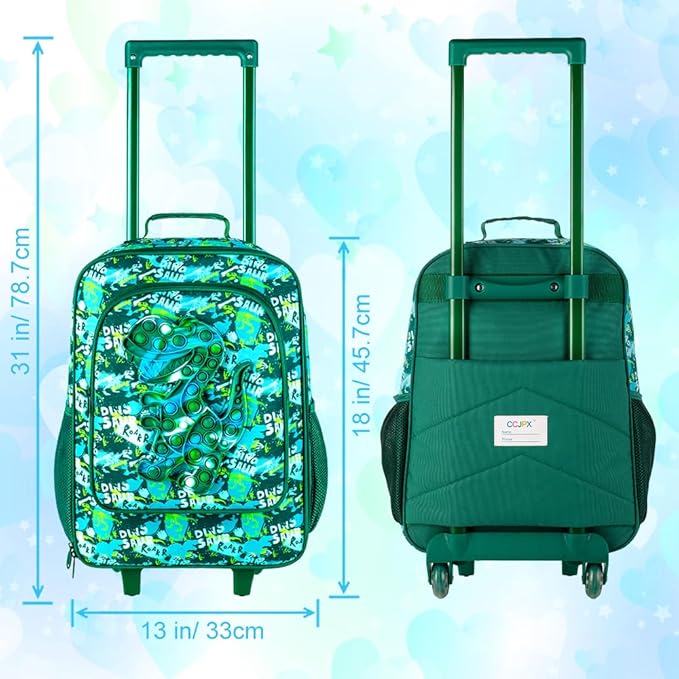 Kids Suitcases for Boys, Cute Dinosaur Luggage Rolling with Wheels, kids carry on luggage for Children Toddler Elementary - Green