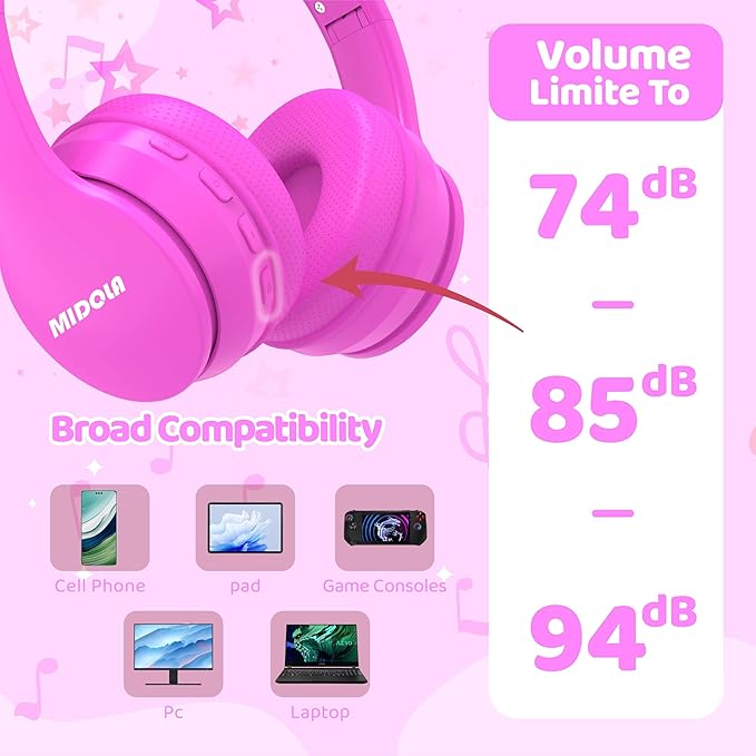 MIDOLA Kids Bluetooth Headphones 68H Play Time,Volume Limit 85/94dB, Foldable Lightweight Wireless Over-Ear Headphone for Kid Toddler Child Pad Tablet,Headsets with Built-in Mic Hot-Pink