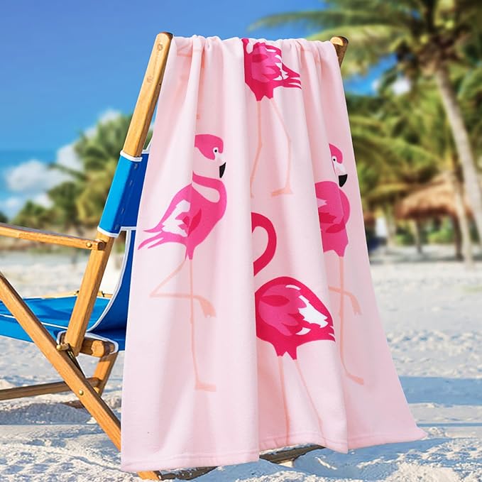 Genovega 2 Packs Oversized Beach Towel Set 36 x 72 in Large Big Pool Camping Swim Clearance Soft Towels Travel Essentials Accessories Must Haves Vacation Adult Necessities Gifts Seashells Flamingo