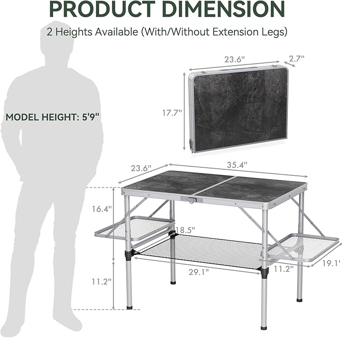 Titanker Folding Camping Table 3ft, Large Camp Table Portable with Extra Side Racks & Storage Net, Folding Picnic Table, Outdoor Patio Table, RV/Car Camping Essentials, Aluminum, Silver