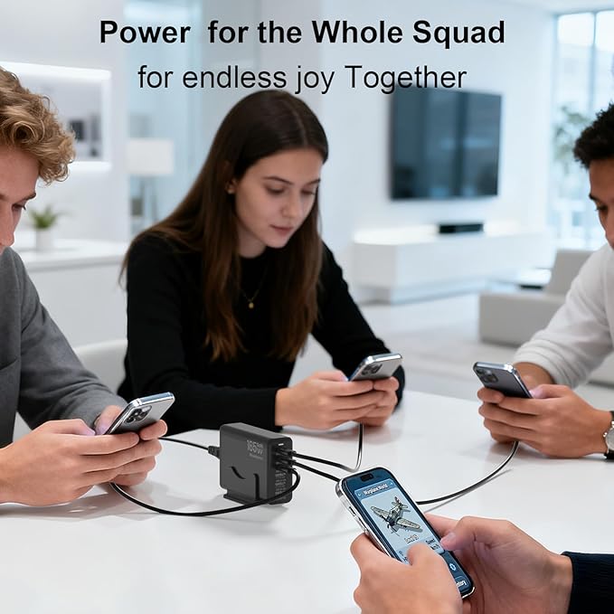 Charging Station for iPhone 17, 165W GaN 6-Port USB C Fast Charger Block, 3 Type-C Each 40W Desktop Charging Hub for Multiple Devices, 5ft Cord - Ideal for Home Office Travel Black