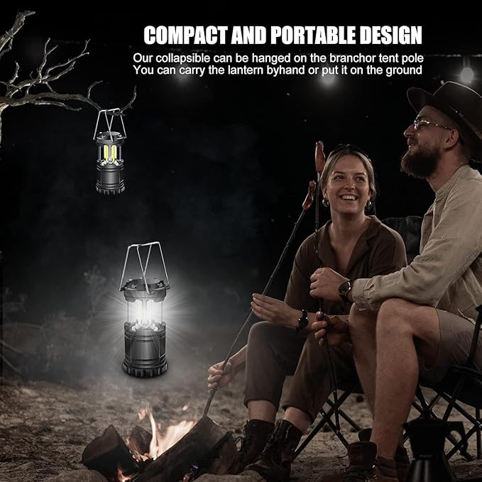 EXTRASTAR 2 Pack LED Battery Operated Lights, Portable Survival Battery Powered Lamp, Camping Lantern, Suitable for Hurricane, Emergency, Storm, Outages, Outdoor Collapsible Lanterns, Black