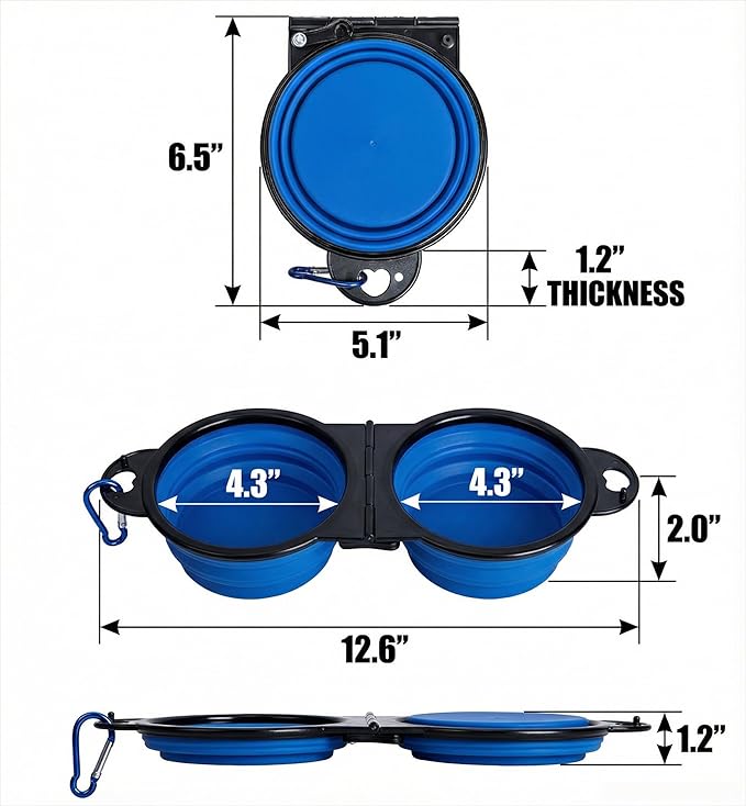 Collapsible Dog Bowls with Carabiner, Double Portable Travel Pet Bowls for Food and Water, Foldable Silicone Dog Bowl for Walking, Hiking, Camping, Small Medium Dogs and Cats, Blue
