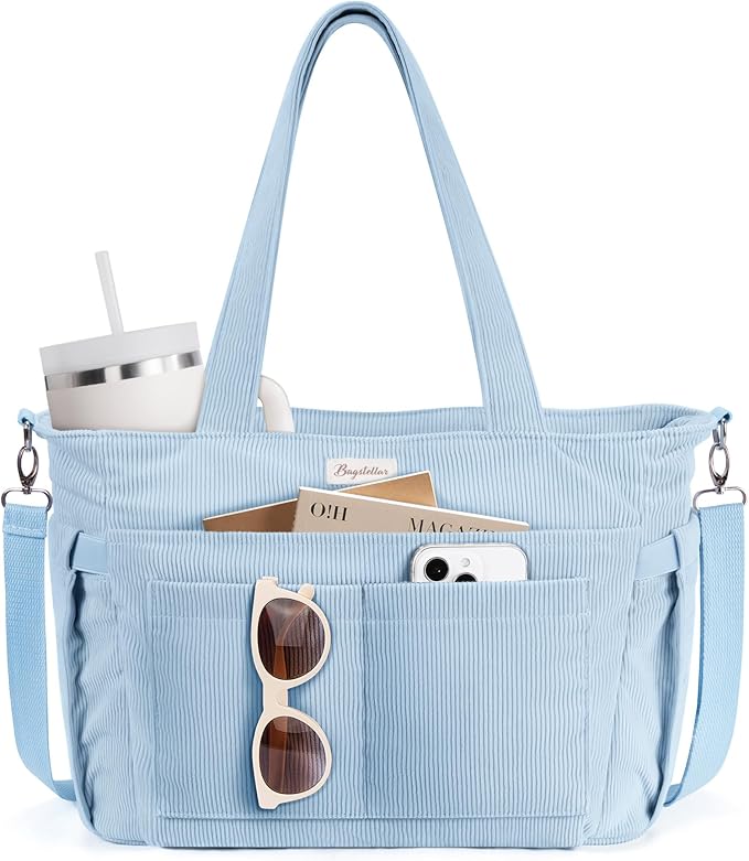Bagstellar Corduroy Tote Bag for Women, 17 Pockets Laptop Work Tote Bag Lightweight Teacher Nurse Bible Bag for School Travel | with 40oz Cup Holder, Multi Compartment, Zipper Crossbody Bag, College Shoulder Bag, Daily Purse w/ Strap, Ideal Gift for Women