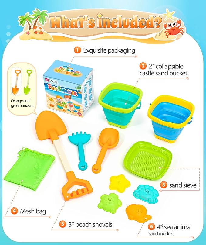 DUDUCOFU Collapsible Beach Sand Toys for Kids Toddlers, Collapsible Sand Bucket with Sifter Shovels Set with Mesh Bag and Sand Molds, Travel Beach Sandbox Toys for Boys Girls 3 4 5 6 7 8 9 10