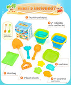 DUDUCOFU Collapsible Beach Sand Toys for Kids Toddlers, Collapsible Sand Bucket with Sifter Shovels Set with Mesh Bag and Sand Molds, Travel Beach Sandbox Toys for Boys Girls 3 4 5 6 7 8 9 10