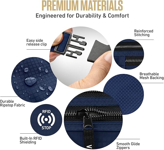 VENTURE 4TH Money Belt for Travel – Slim Hidden Under-Clothes RFID Blocking Anti-Theft Passport Holder & Travel Wallet Pouch for Men & Women to Protect Cash, Cards & Documents (Navy Blue)