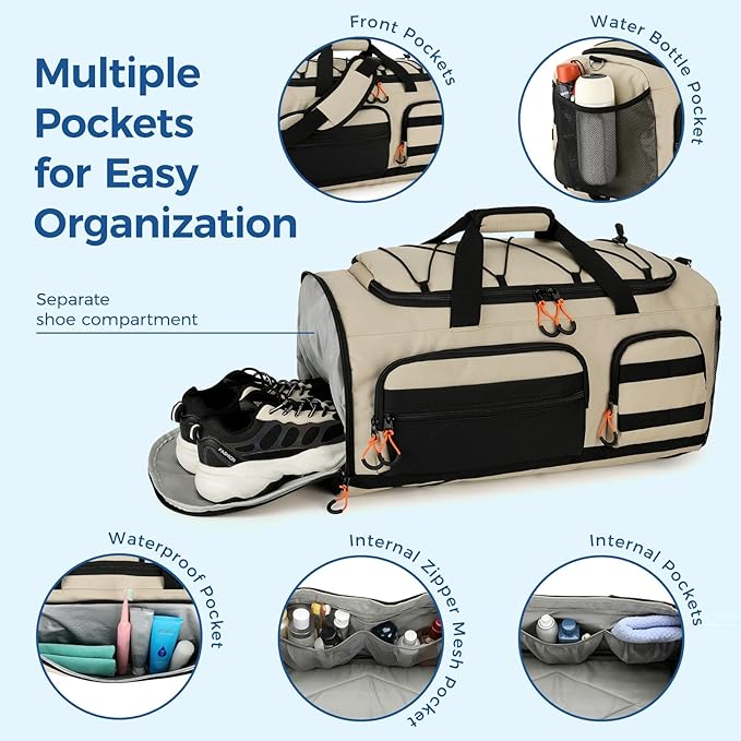 Searock 45L Gym Bag for Men, 3-In-1 Duffle Bag Backpack for Travel, Sports Duffel Bags for Gym Workout, Weekender Overnight Bag with Shoe Compartment, Wet Pocket, Khaki