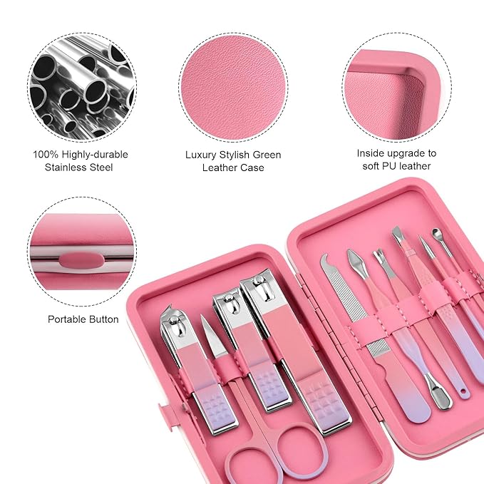 Manicure Set, Travel Mini Nail Clippers Kit Pedicure Care Tools, 10pcs Stainless Steel Grooming kit (Pink Purple)
