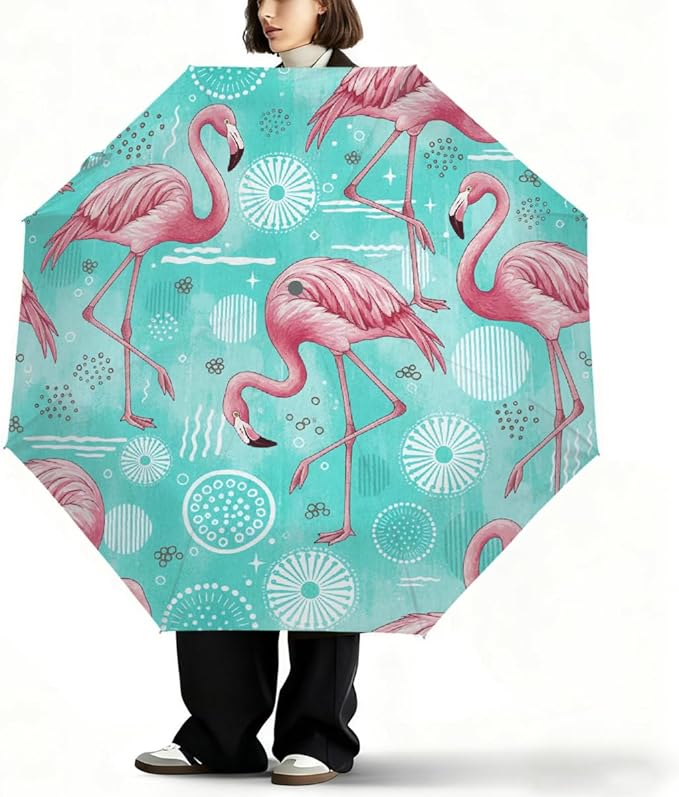 Travel Umbrella for Rain - Flamingo Windproof Compact Automatic Reverse Folding Umbrellas for Kids Women, Cute Small Auto Open Close Umbrella for Backpack, Commute, Car