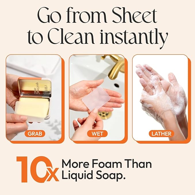 FOMIN - Antibacterial Paper Soap Sheets for Traveling - 300 Orange Portable Hand Soap Sheets for Travel in Tin - Dissolvable Mini Portable Travel Soap Sheet for Hand Washing, Camping and Hiking