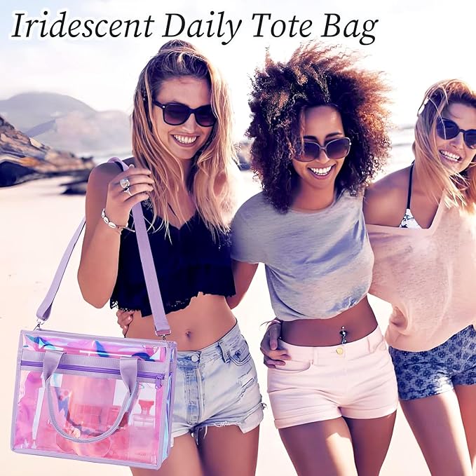 Fammart Iridescent Clear Beach Bag for Women, Jelly Tote Bag Waterproof Sandproof Pool Bag Cruise Vacation Essentials